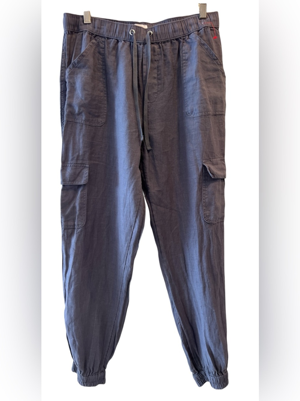 Nicole Miller Women’s Linen Cargo Drawstring Pants Slate Blue 6 Pockets EUC